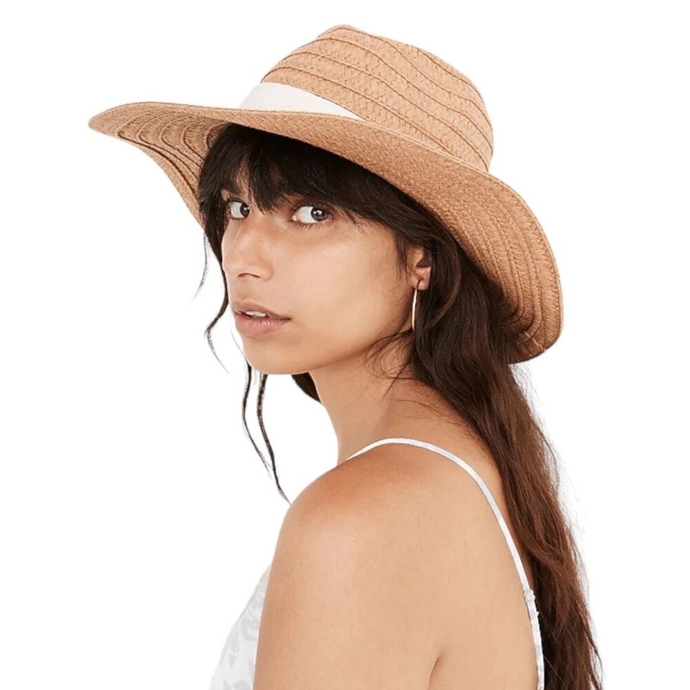 Madewell Women Paper Straw Sun Hat Wide Brim Beige & White Small Medium Cruise